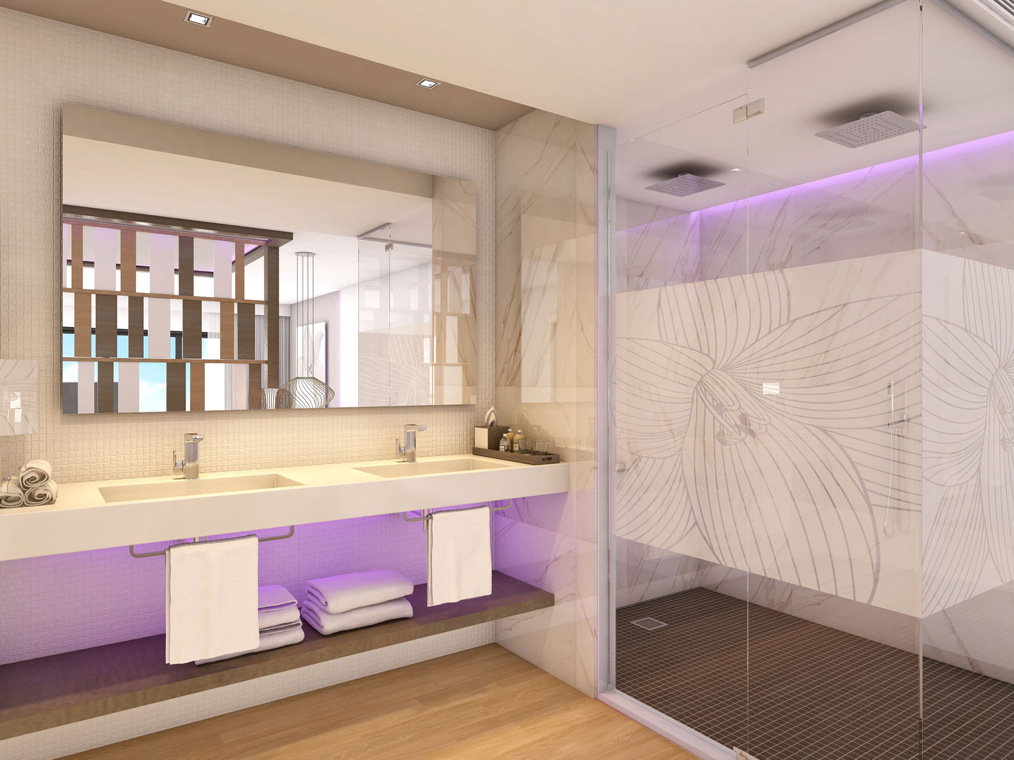 a bathroom with purple lighting