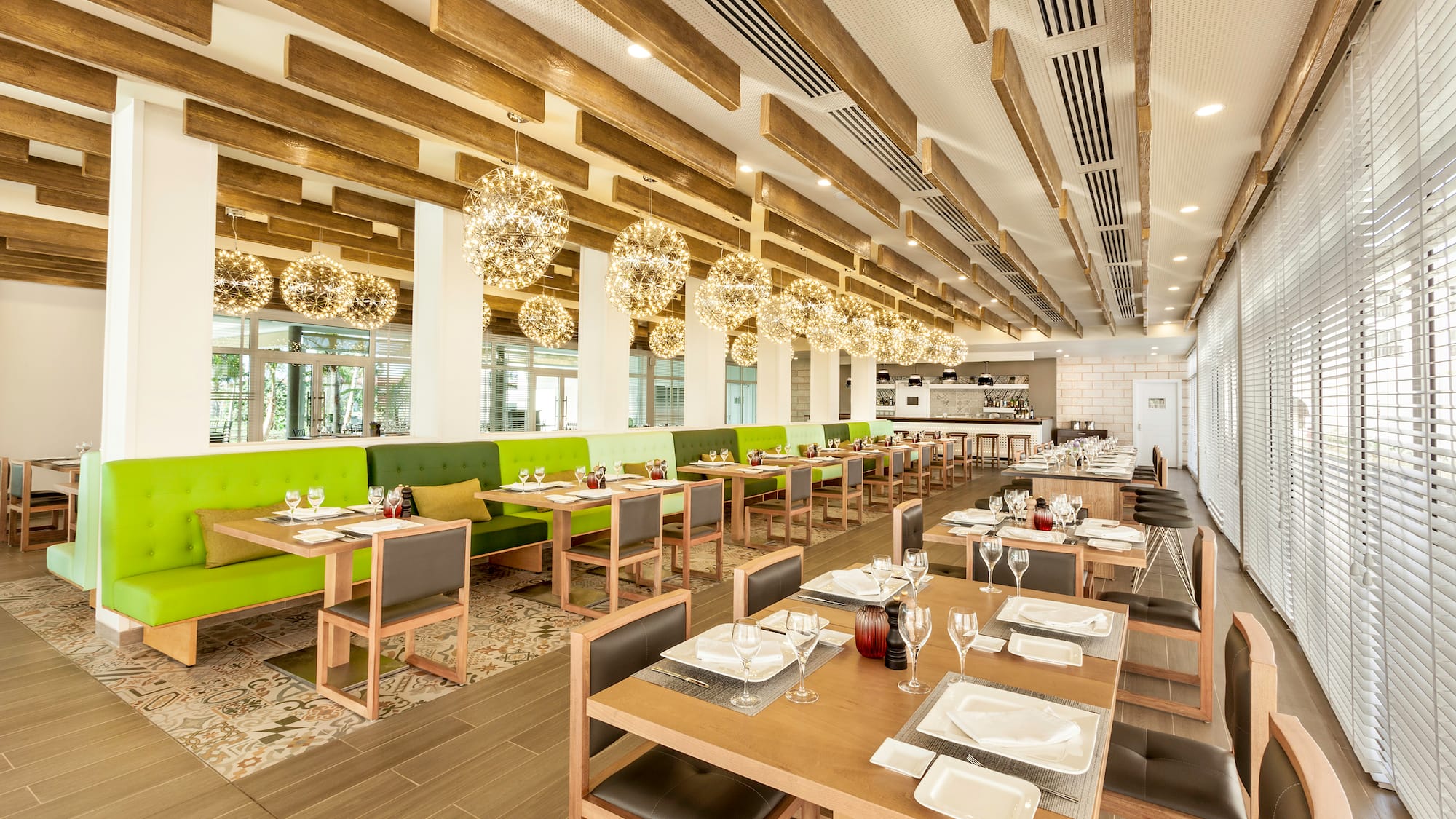 a restaurant with tables and chairs