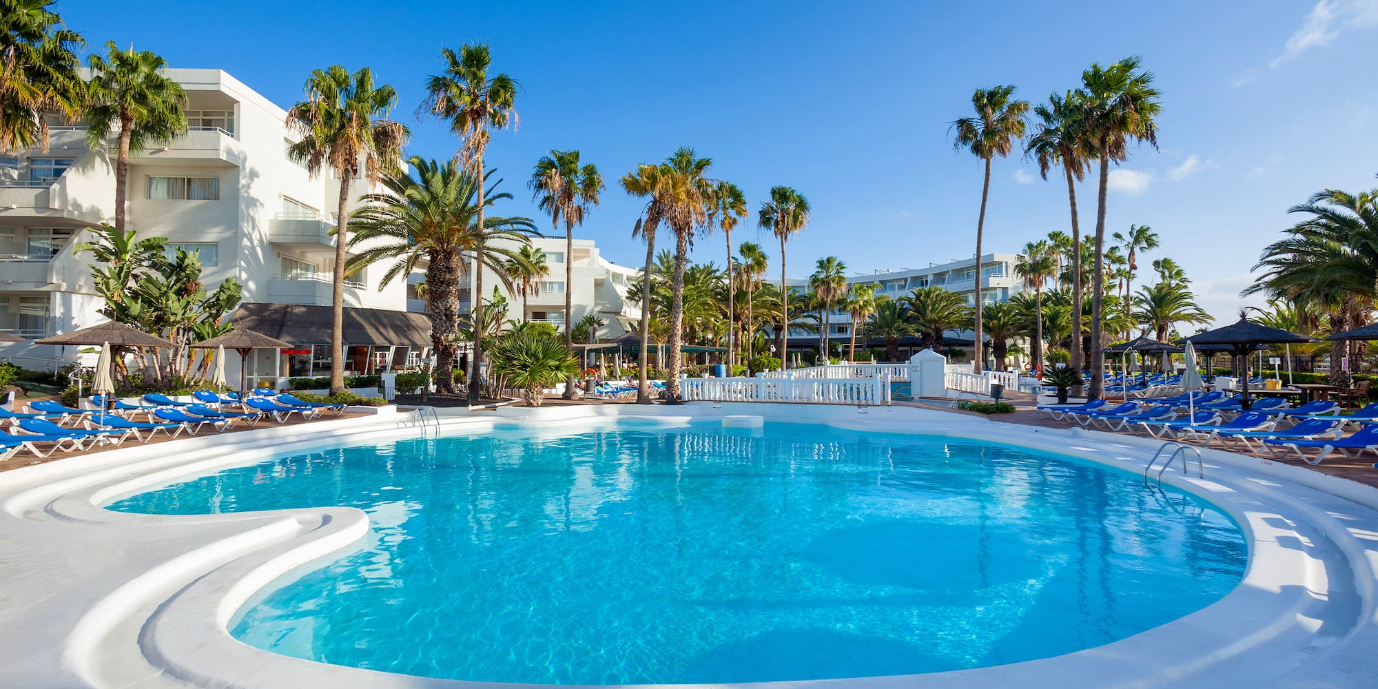a pool with palm trees and buildings