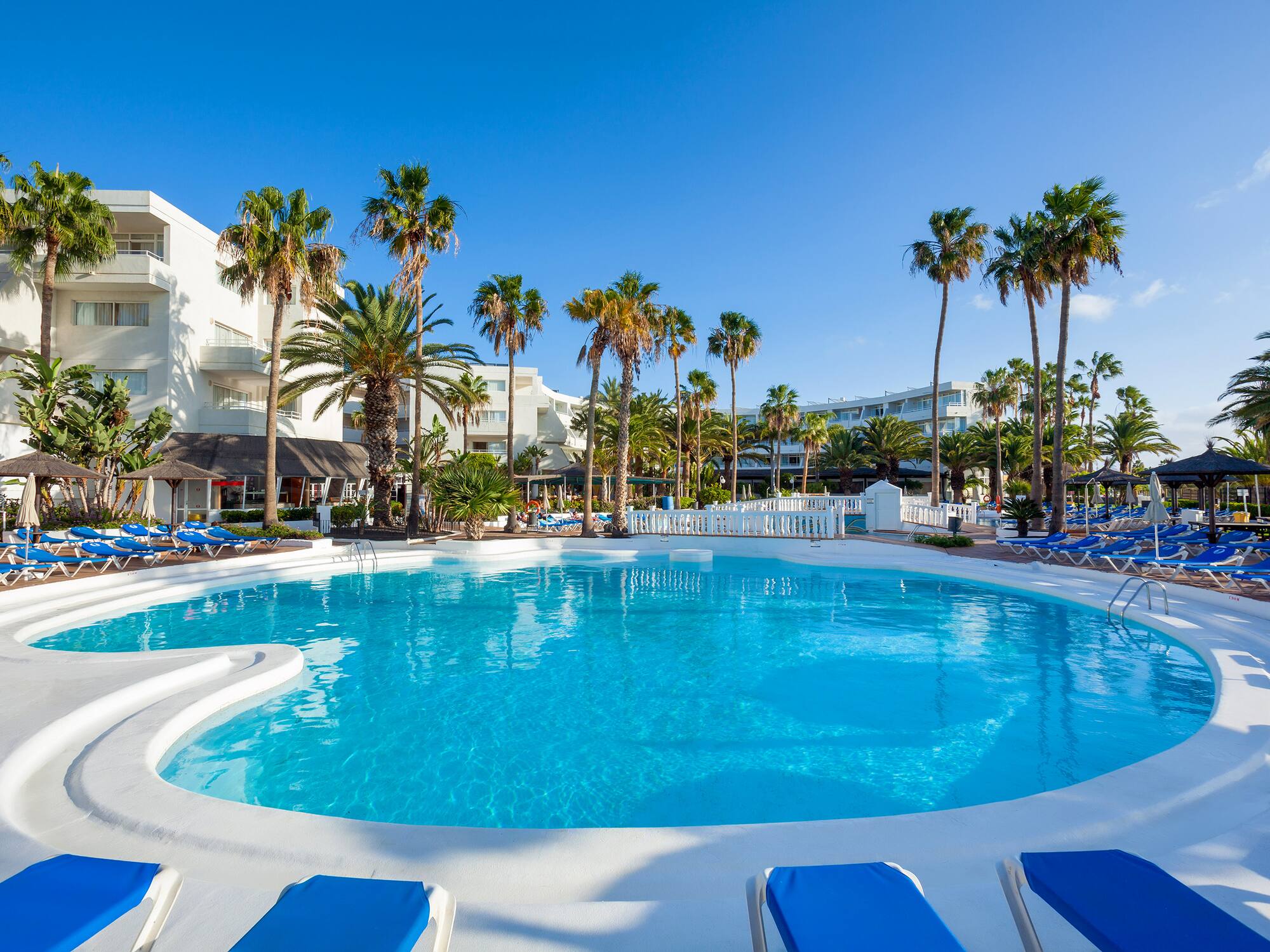 a pool with palm trees and buildings