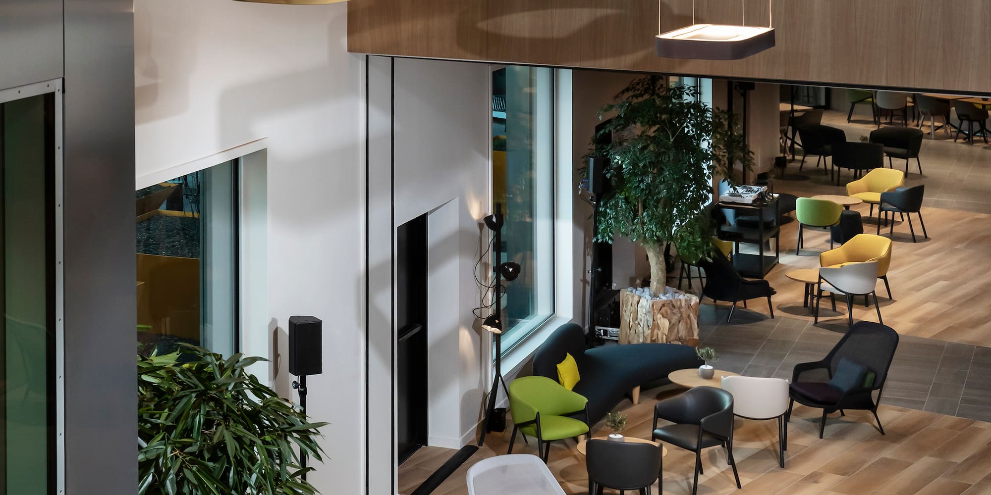 a room with chairs and tables