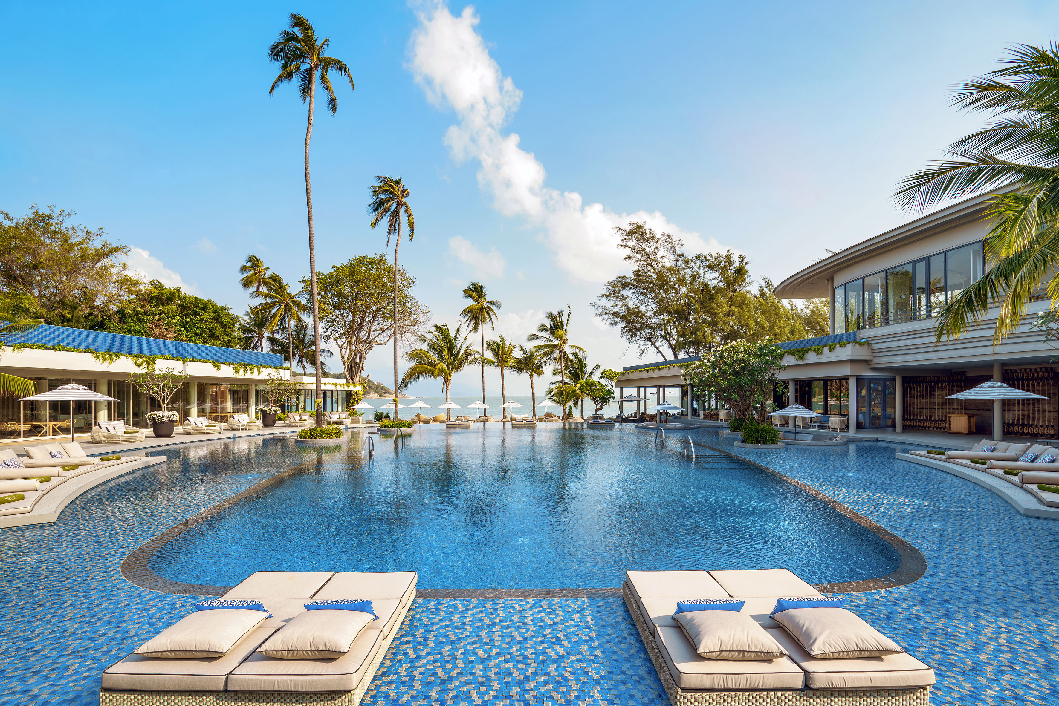 Luxury resort swimming pool with palm trees, lounge chairs, and ocean view.