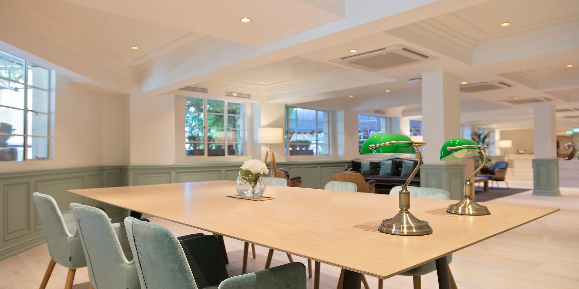 a room with a table and chairs