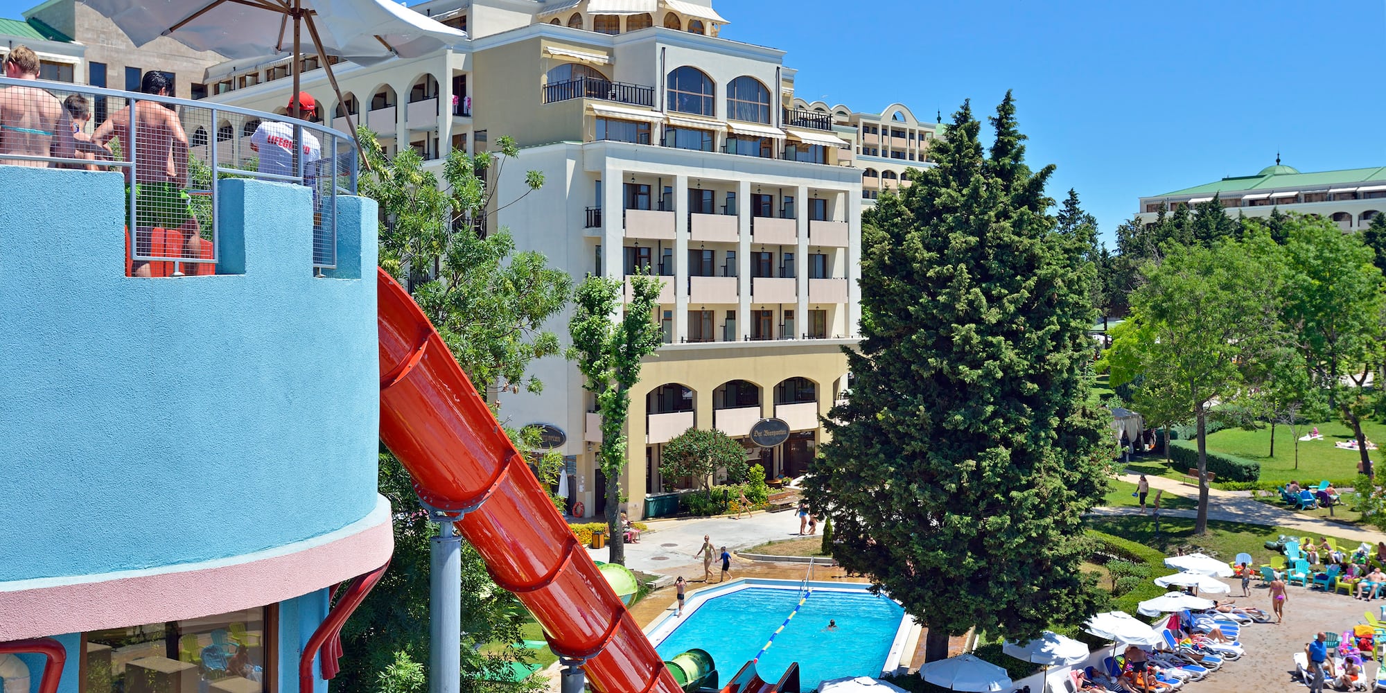 a water slide in a pool