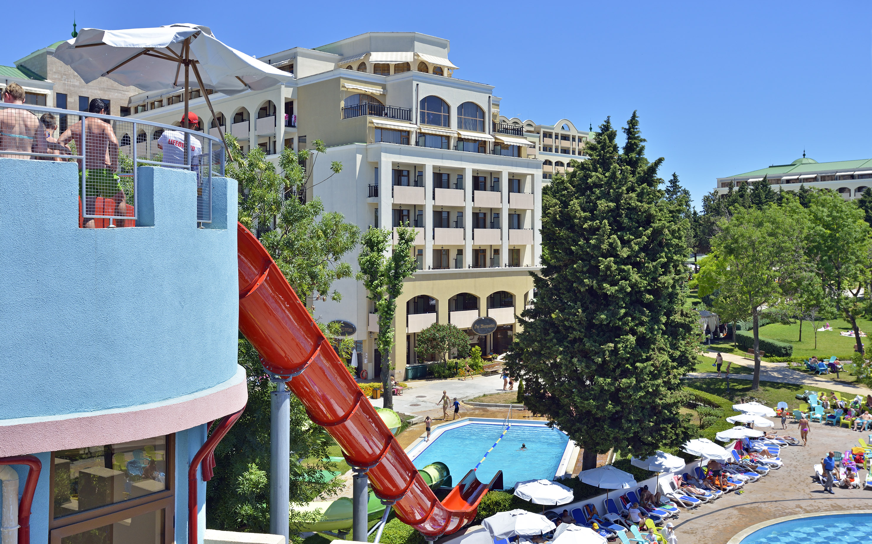 a water slide in a pool