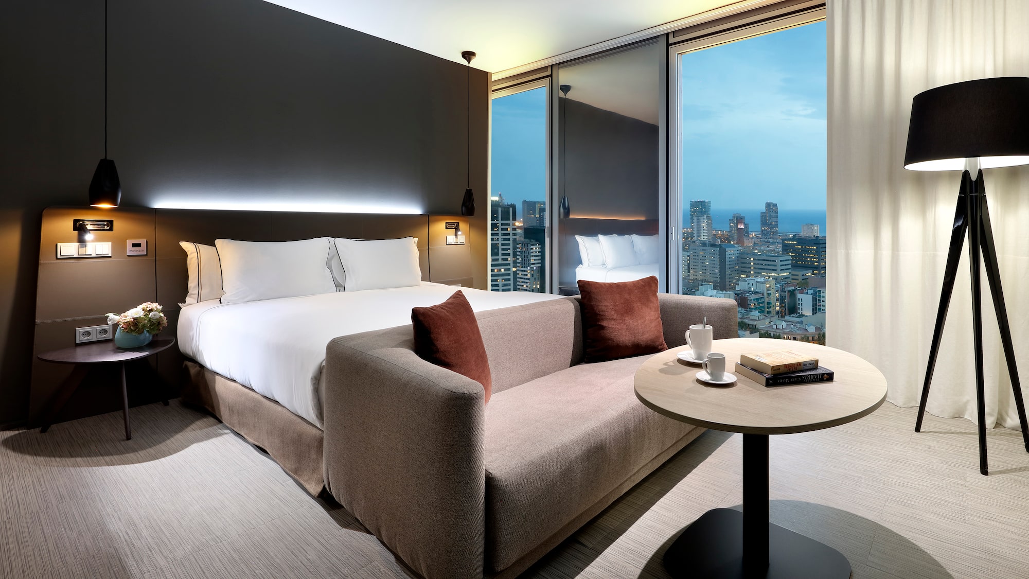 a room with a bed and a table