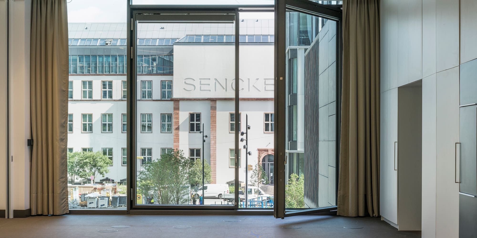 a room with a large glass door