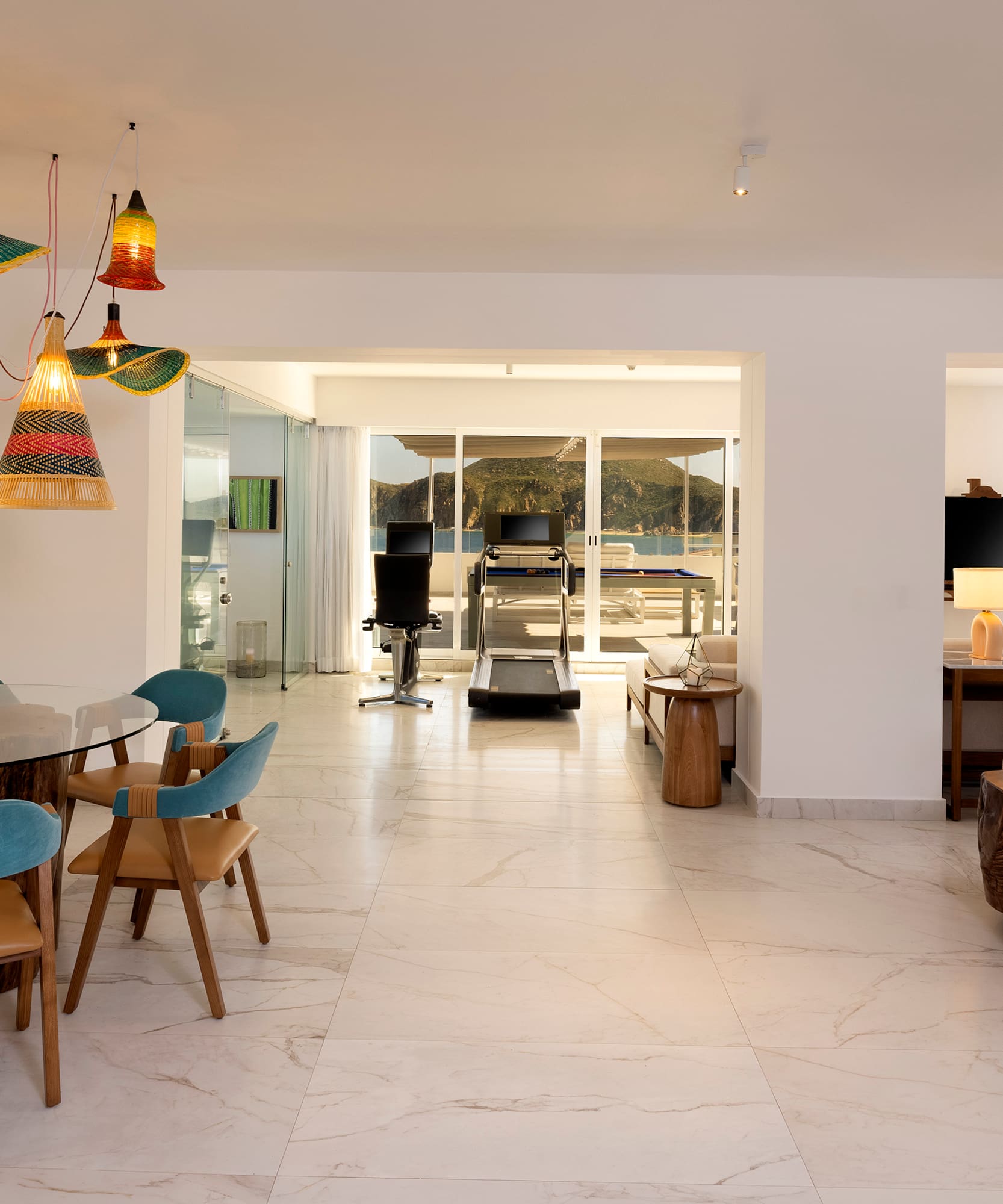 a room with a table and chairs