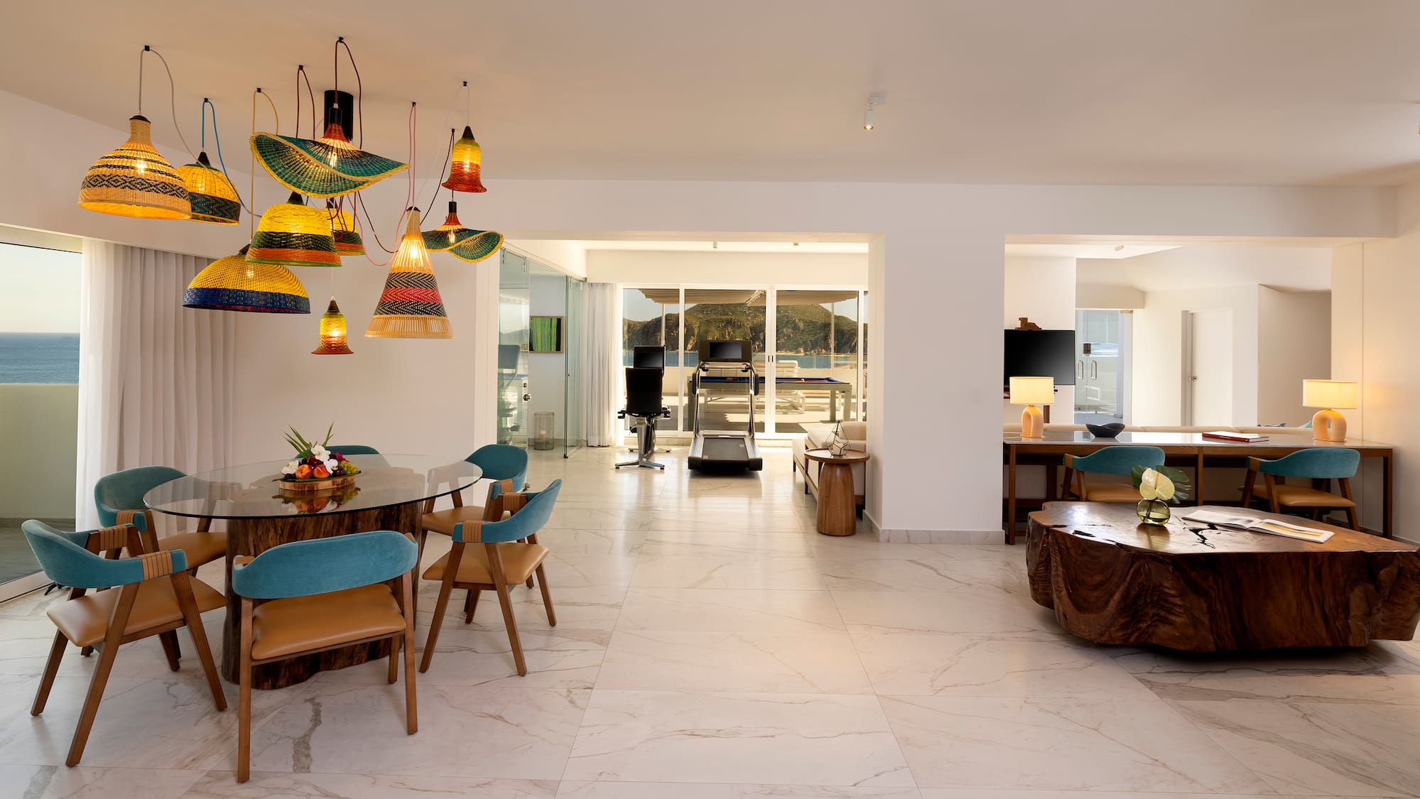 a room with a table and chairs