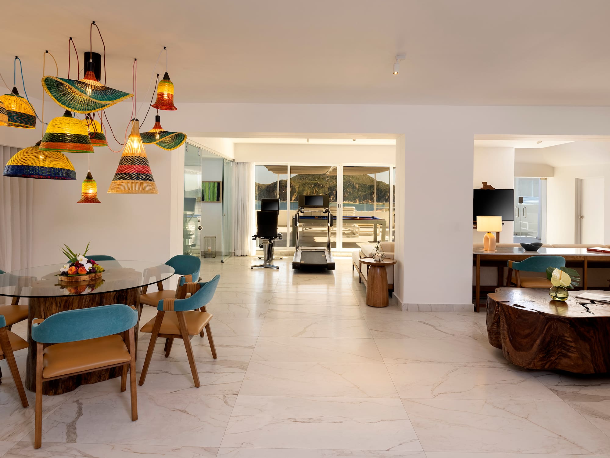 a room with a table and chairs