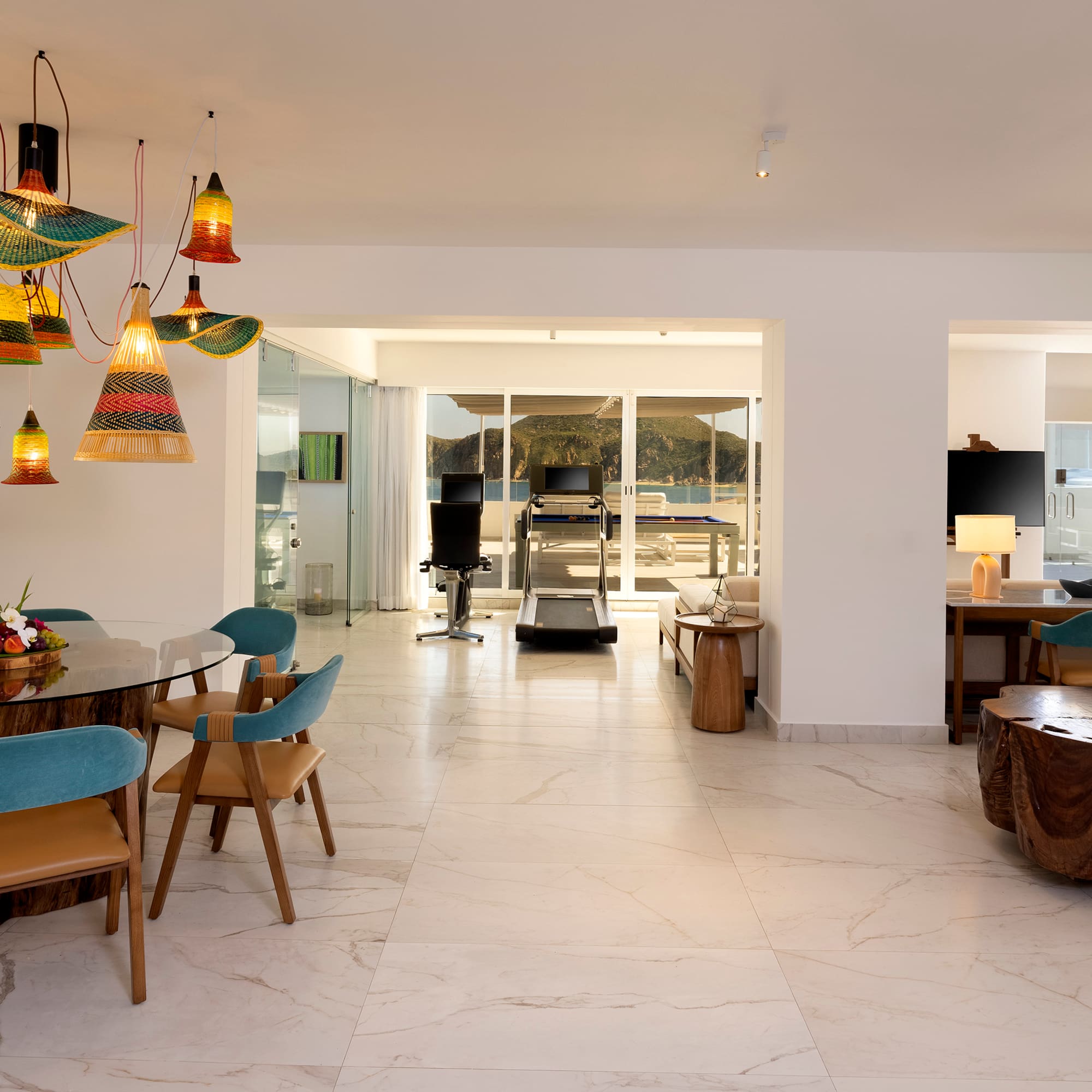 a room with a table and chairs