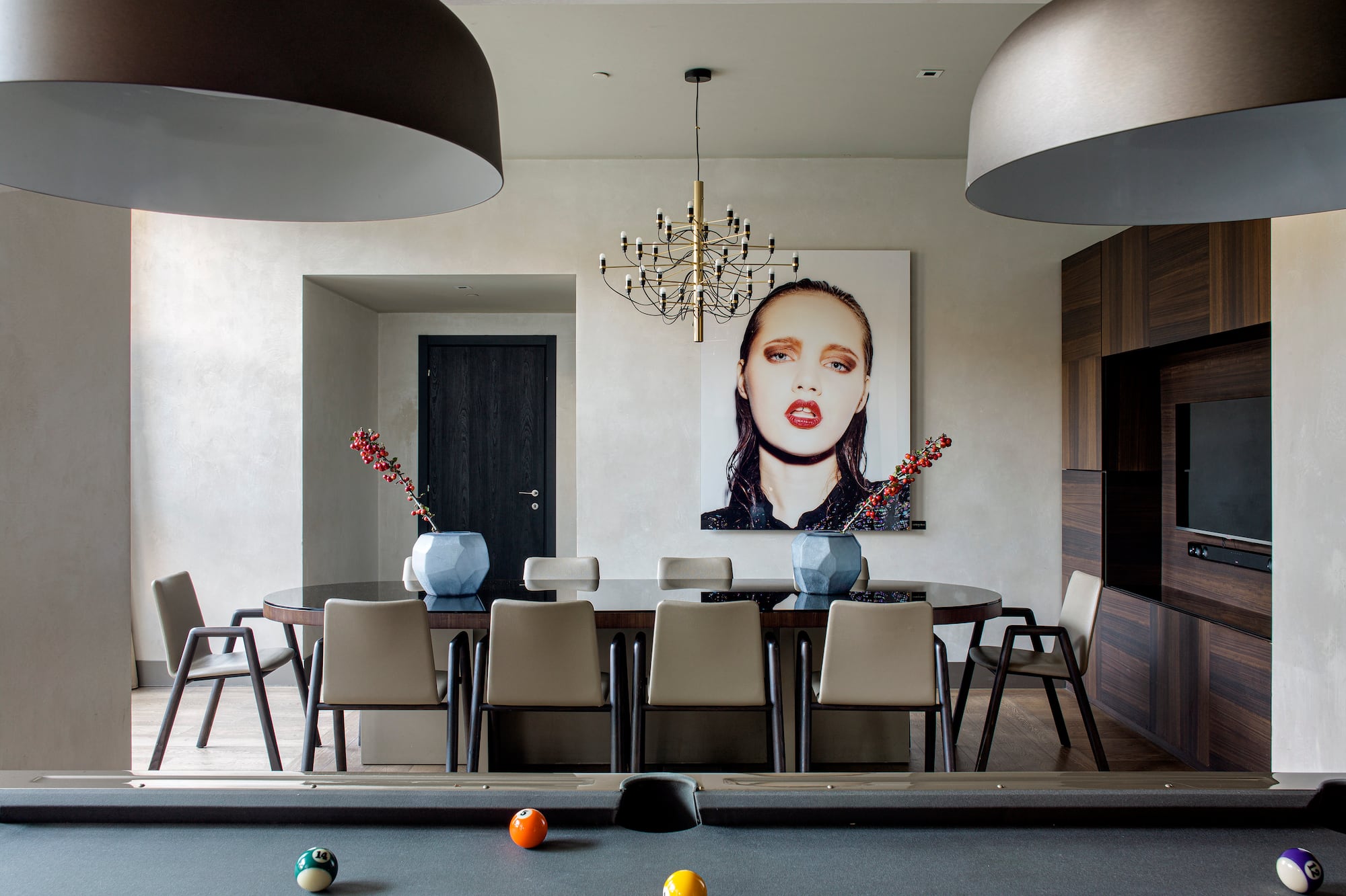 a pool table with a picture of a woman on it