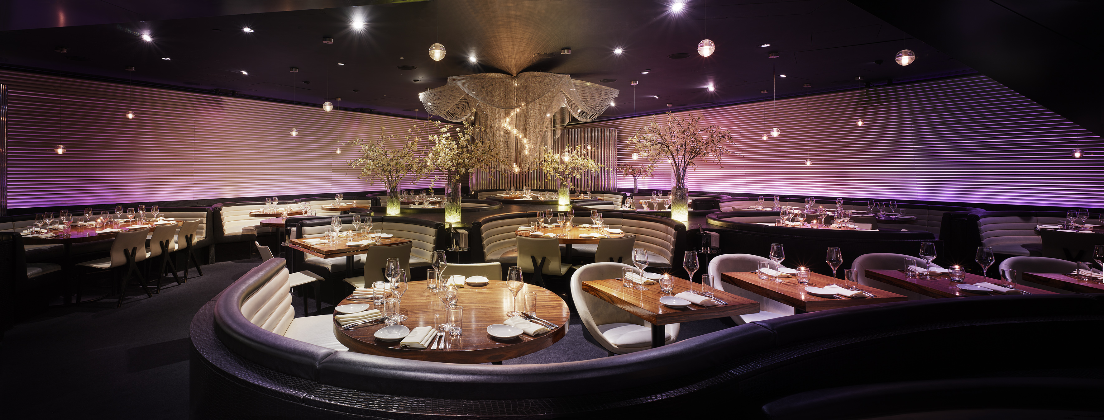 Elegant modern restaurant dining room with purple ambient lighting and set tables.