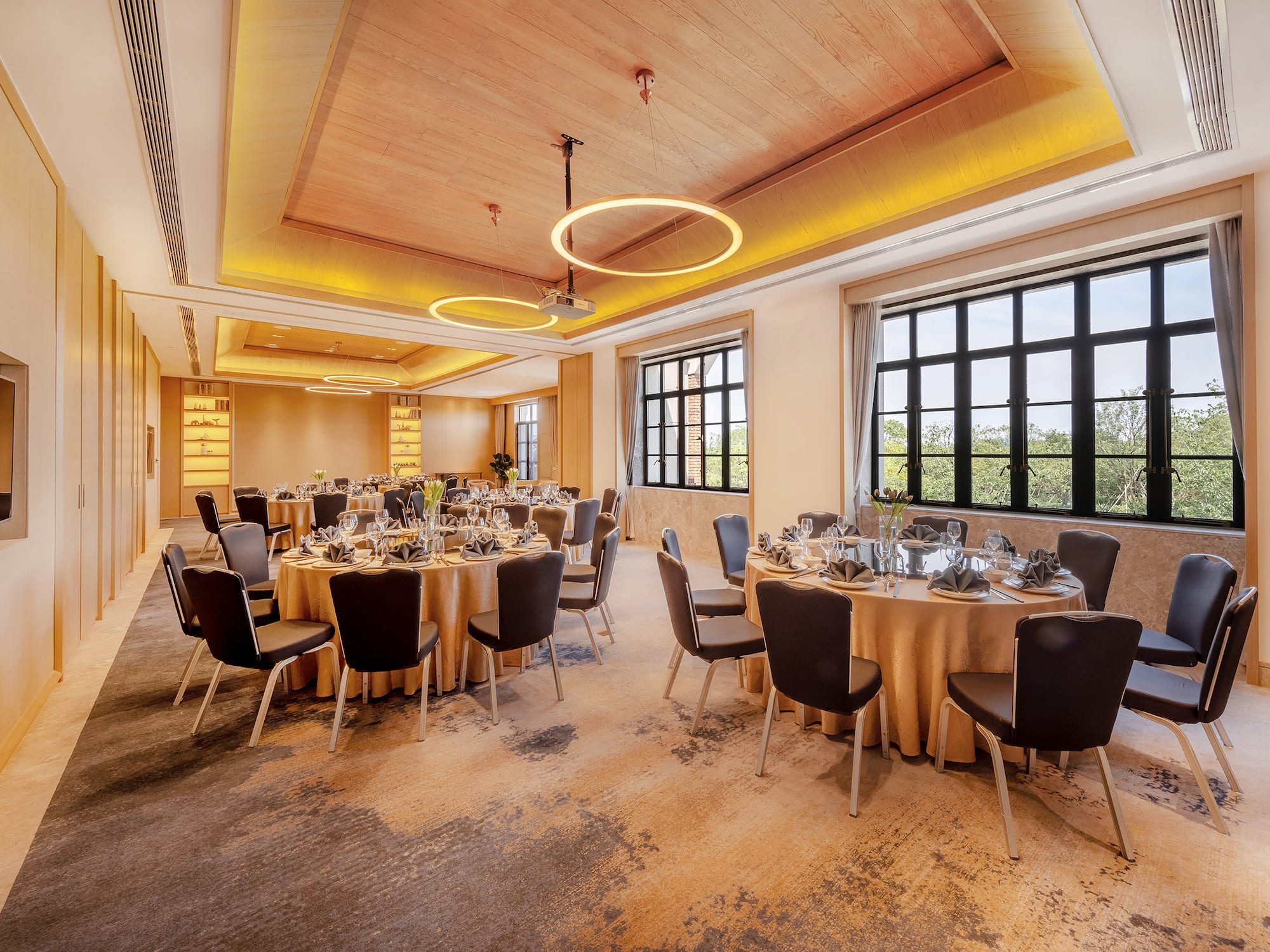 a room with tables and chairs