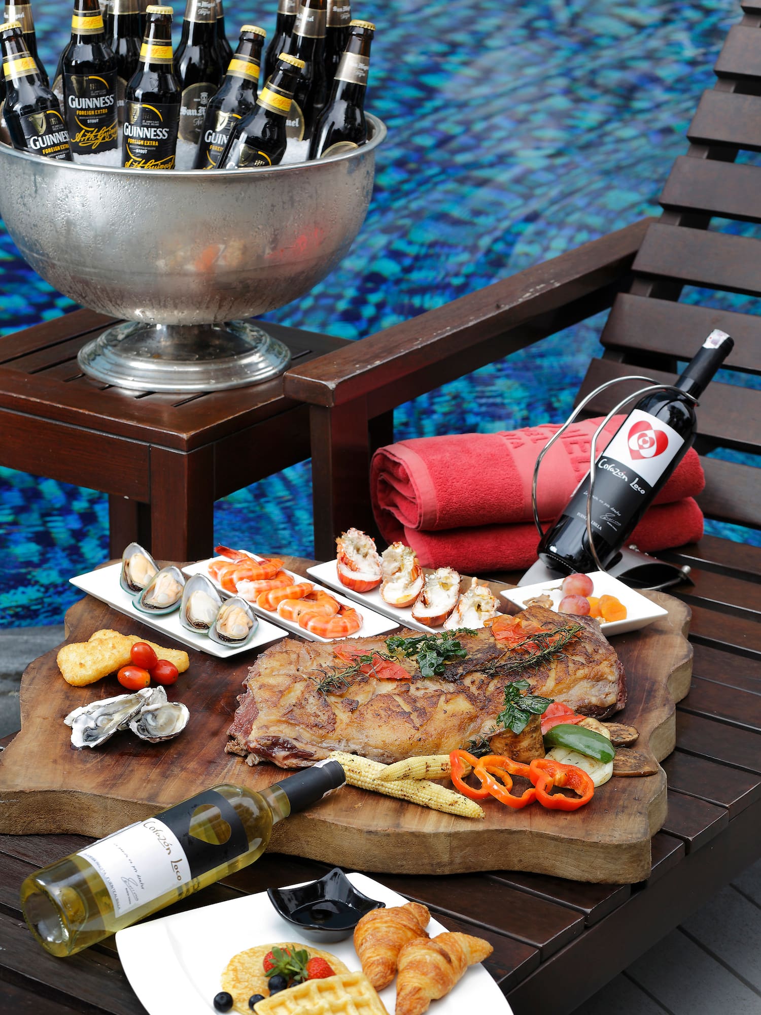 a table with food and wine bottles