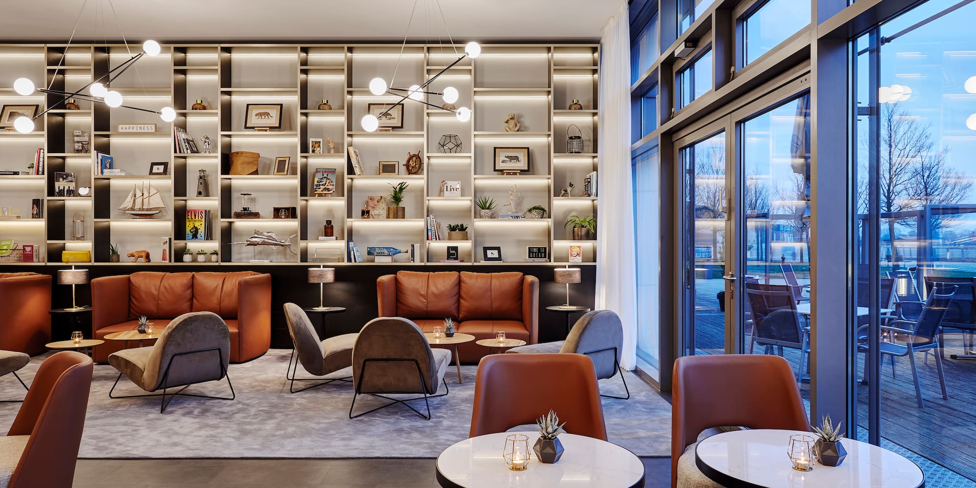 a room with tables and chairs