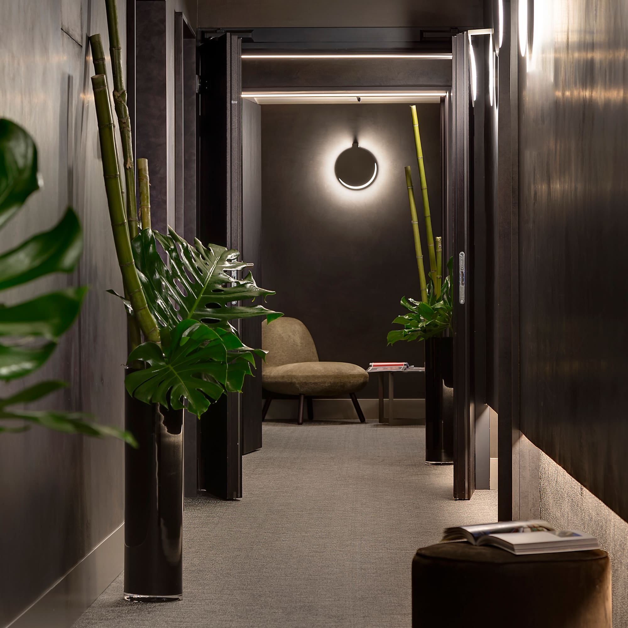 a hallway with plants and a chair