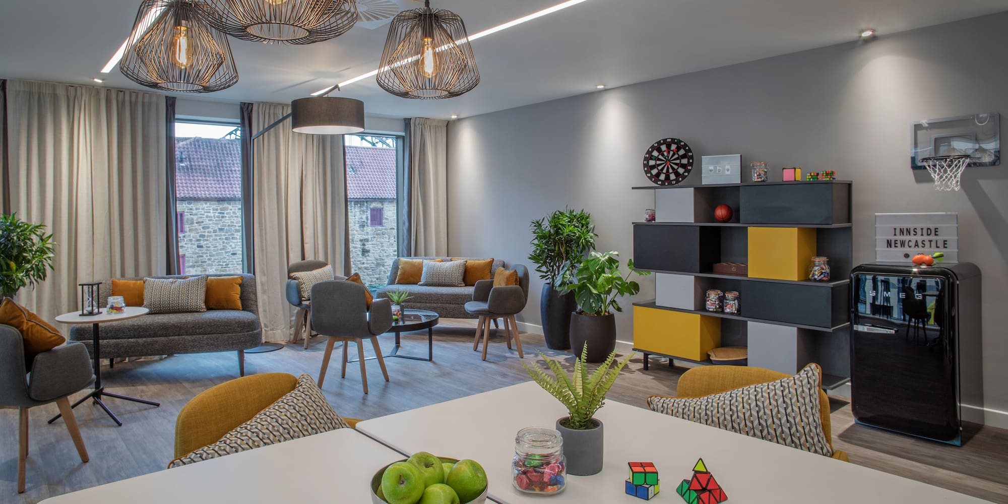 a room with a table and chairs