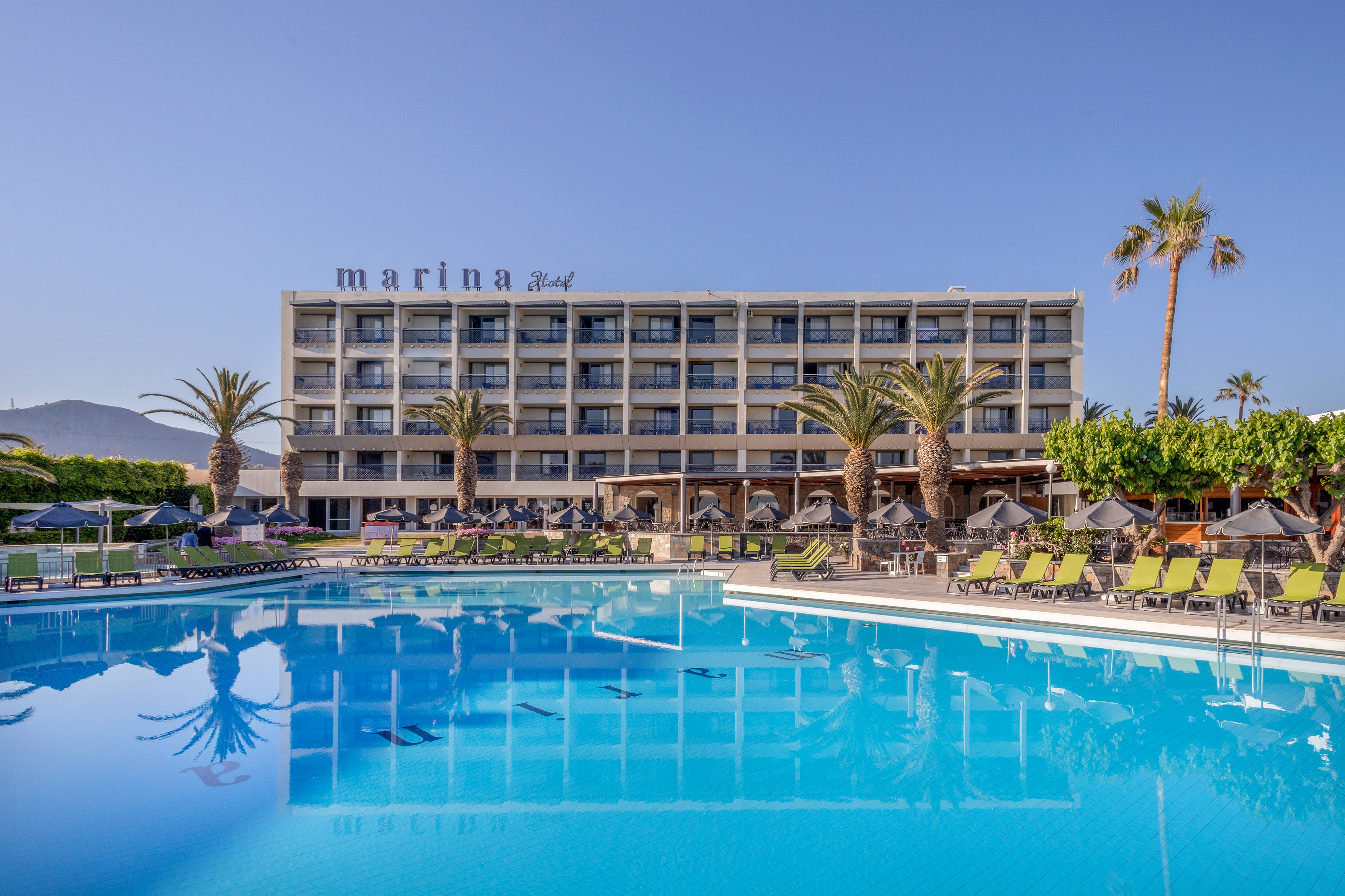 a swimming pool with palm trees and a building