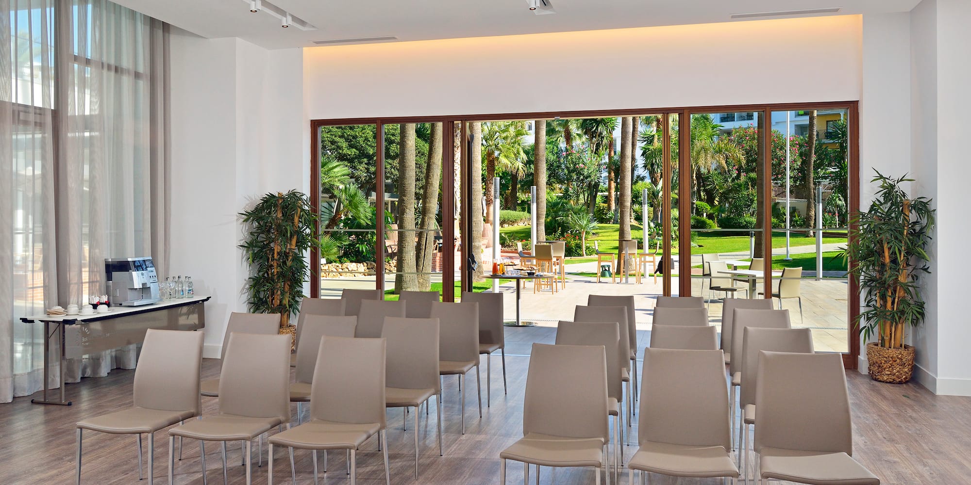 a room with chairs and tables