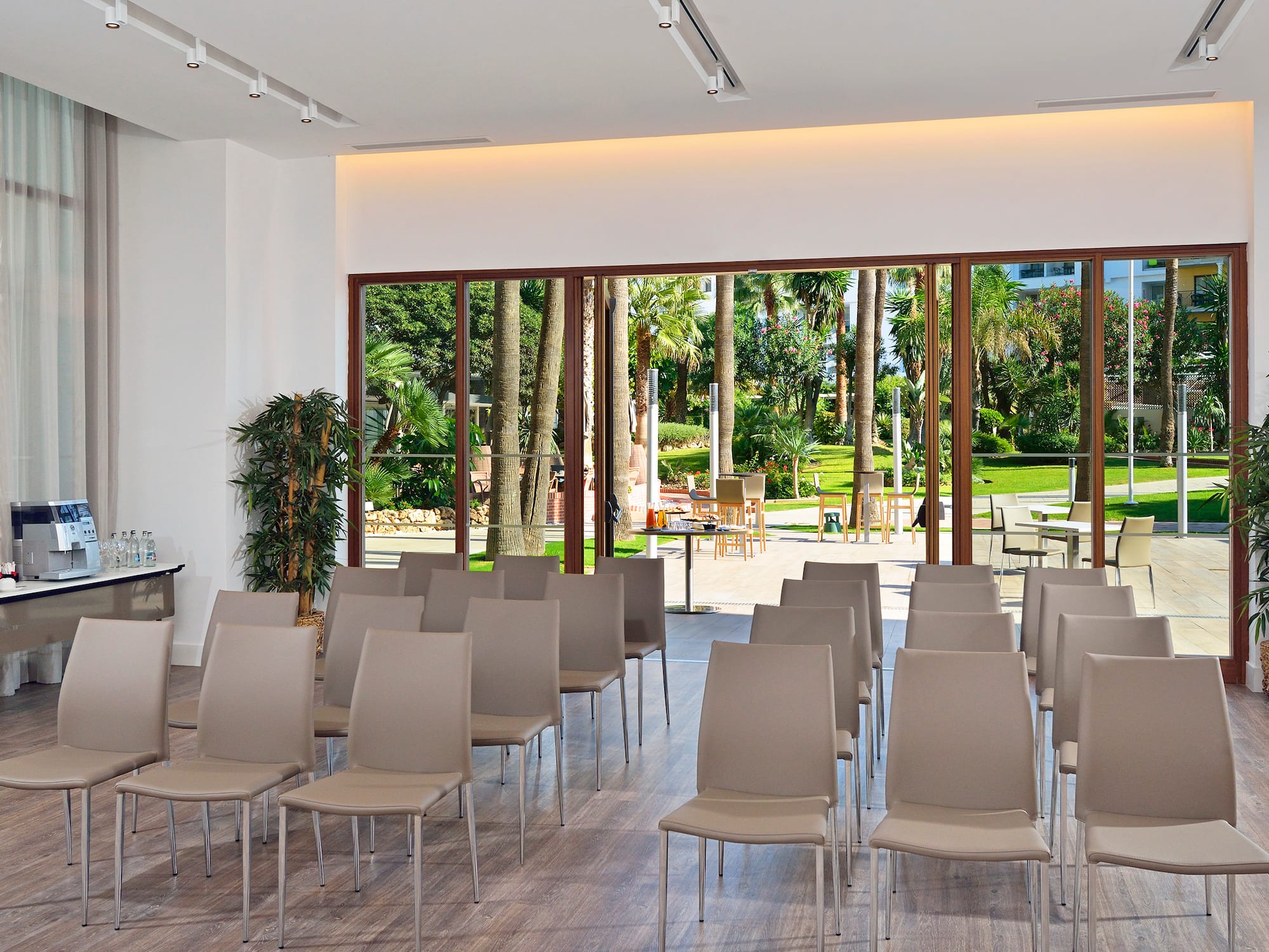 a room with chairs and tables