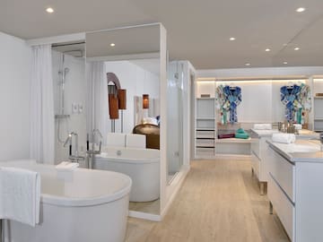 a bathroom with a tub and a shower