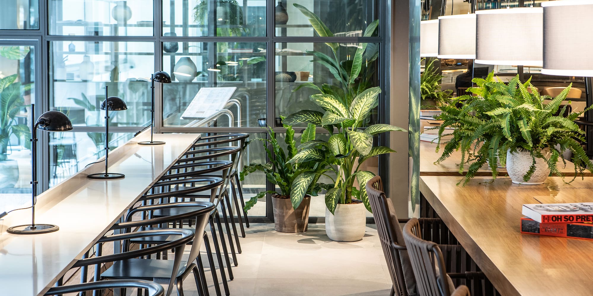 a room with a long table and chairs and a table with lamps