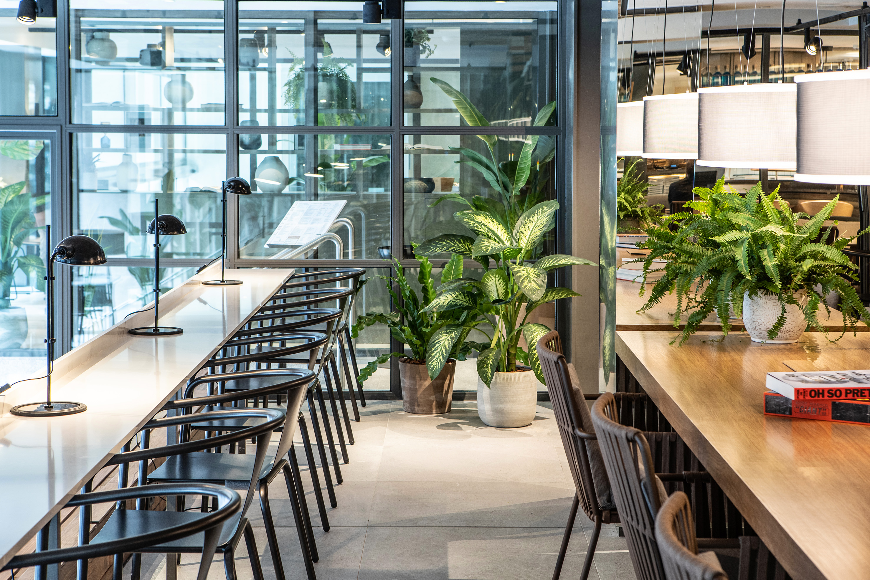 Modern cafe interior with communal tables, black chairs, and potted plants.