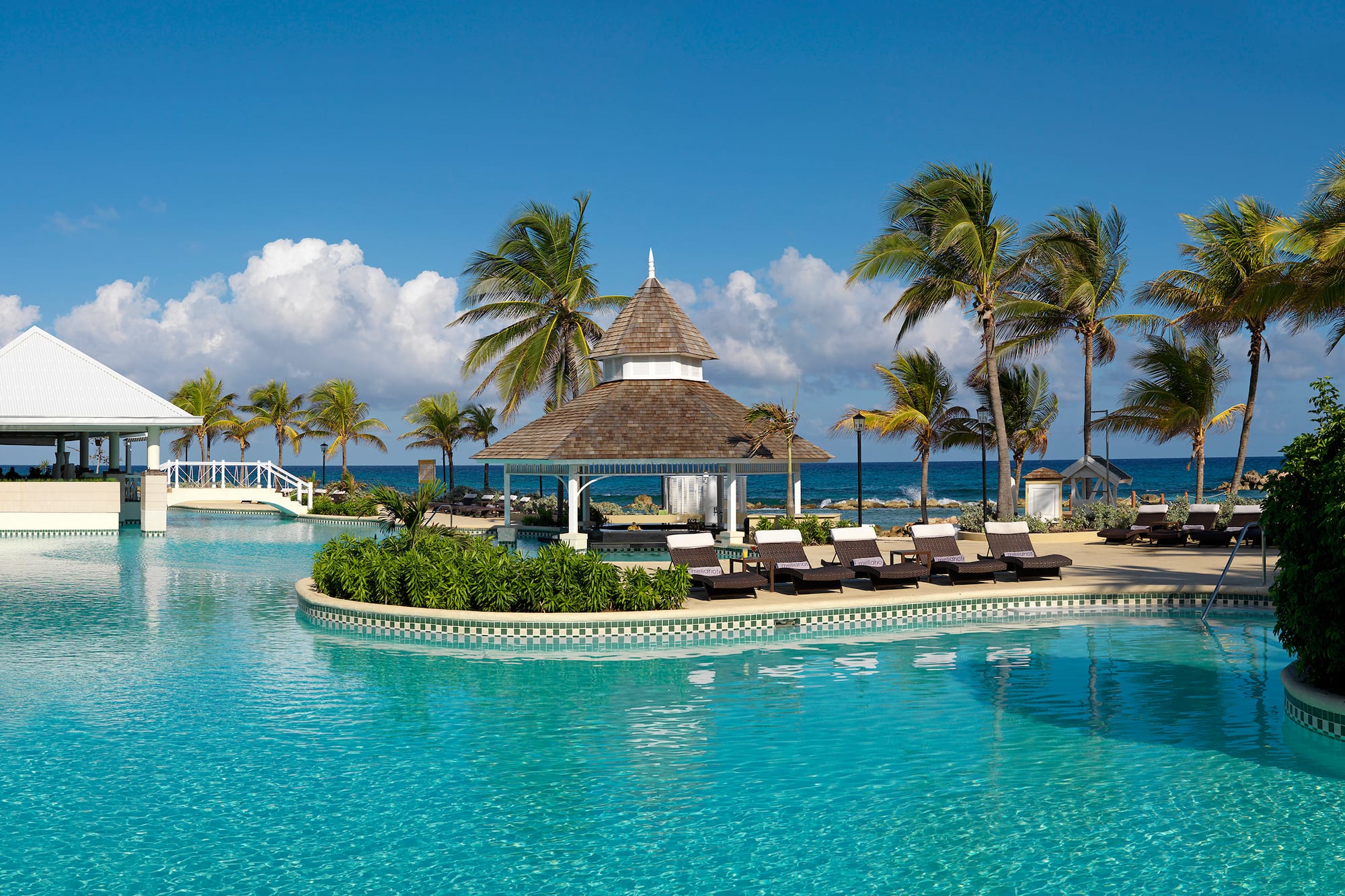a pool with a gazebo and palm trees
