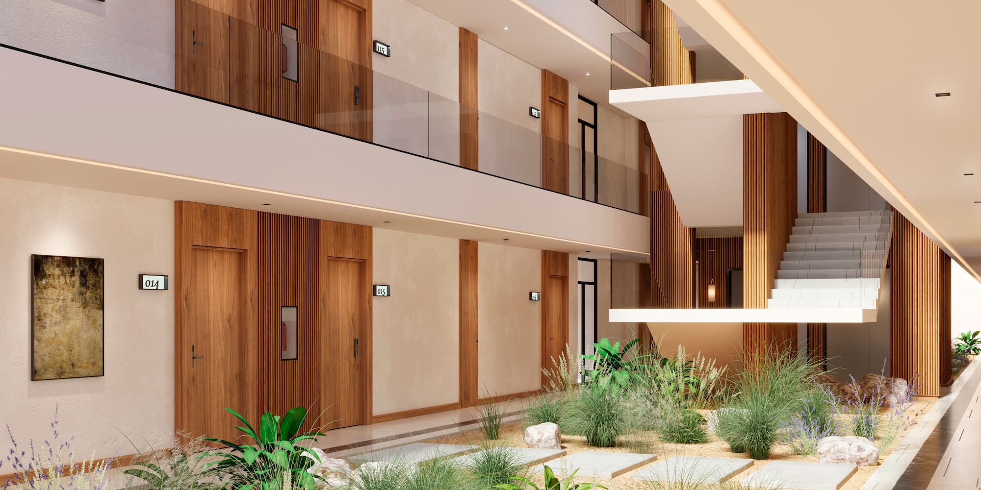 a building with a courtyard and plants