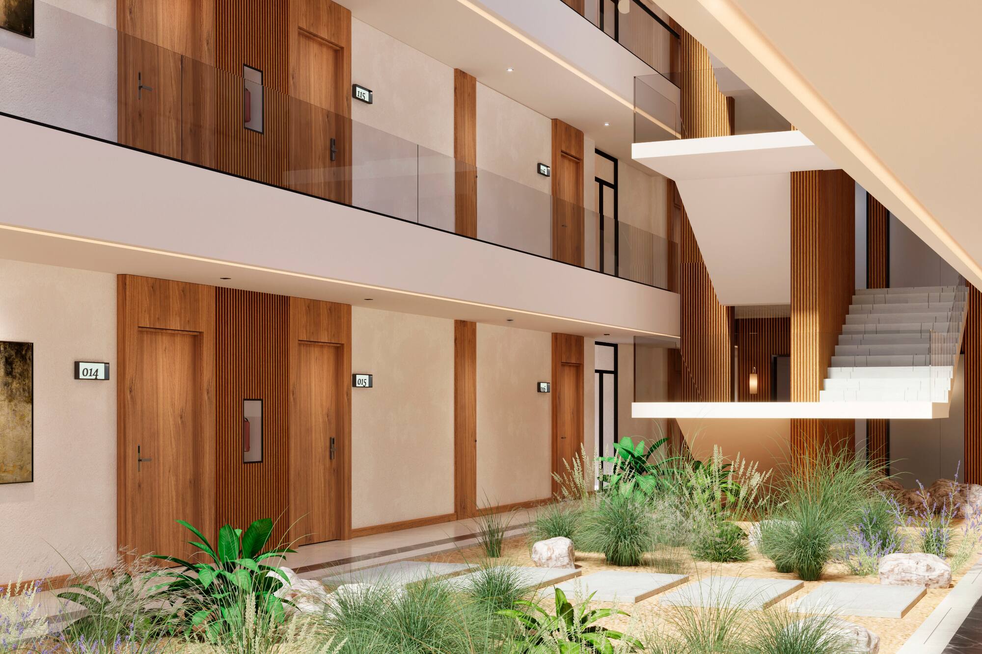 a building with a courtyard and plants