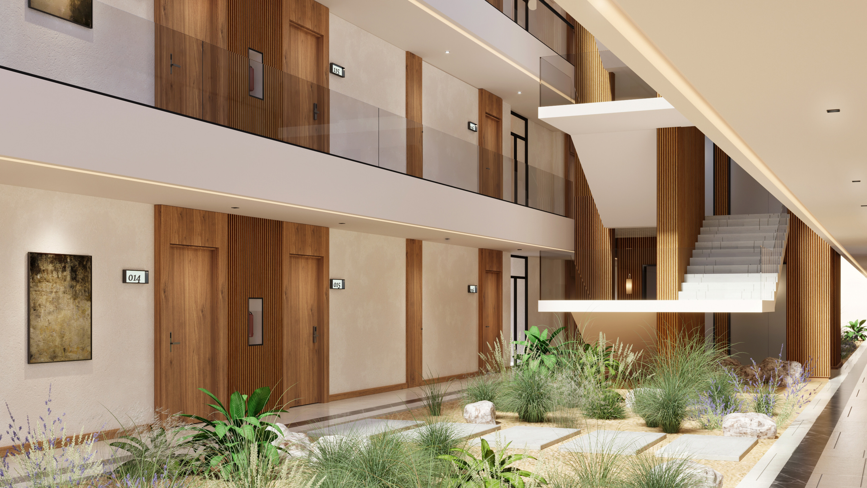 Modern building interior with lush indoor garden, wooden doors, and glass staircase.