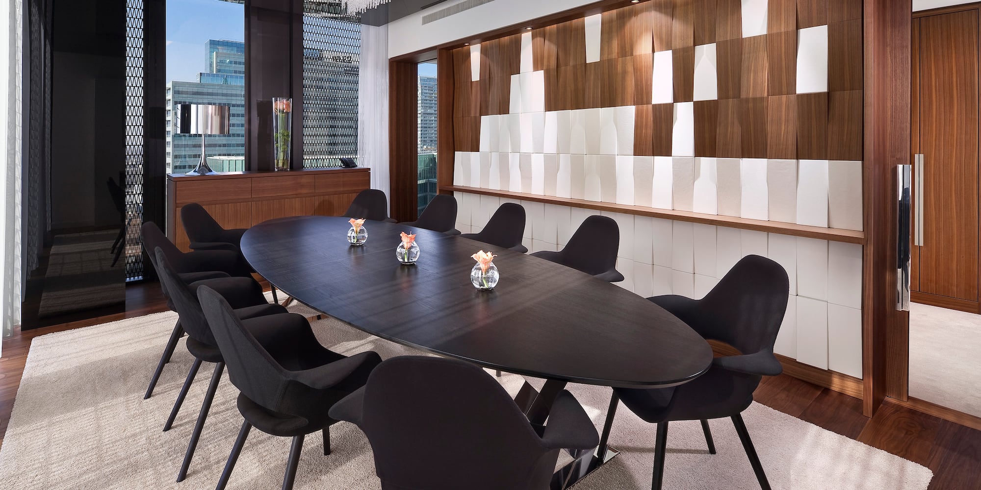 a room with a table and chairs