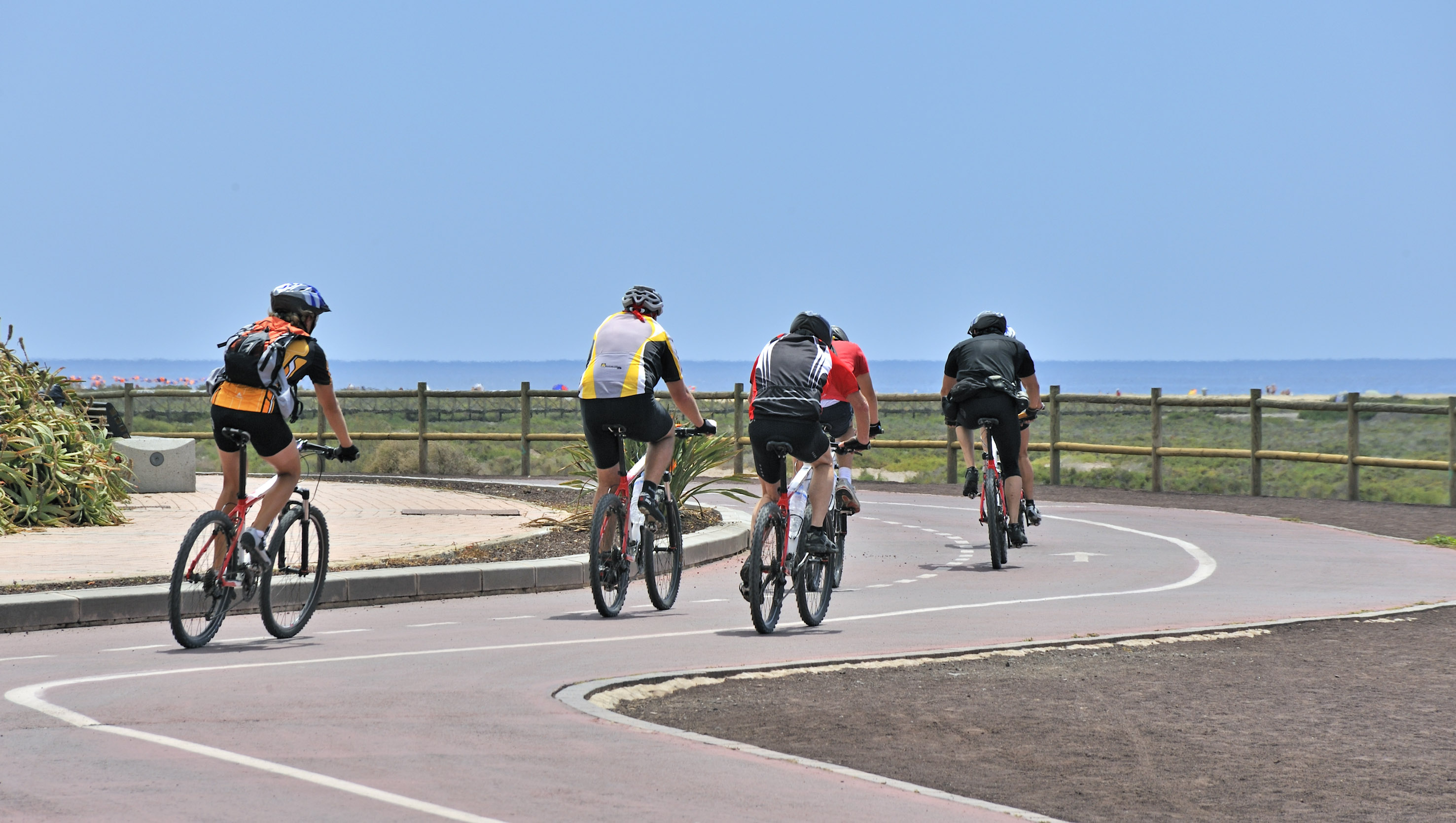 Five cyclists riding bikes on a coastal path next to the ocean.
