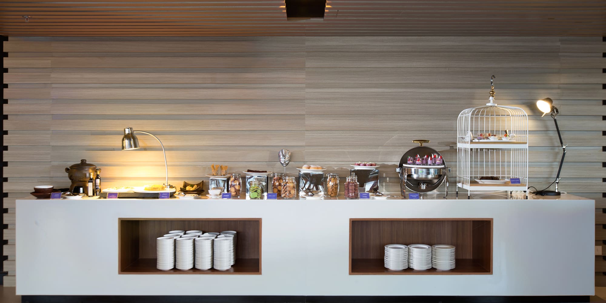 a buffet with food on shelves