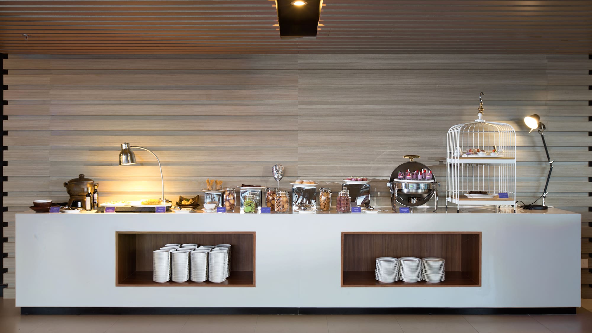 a buffet with food on shelves