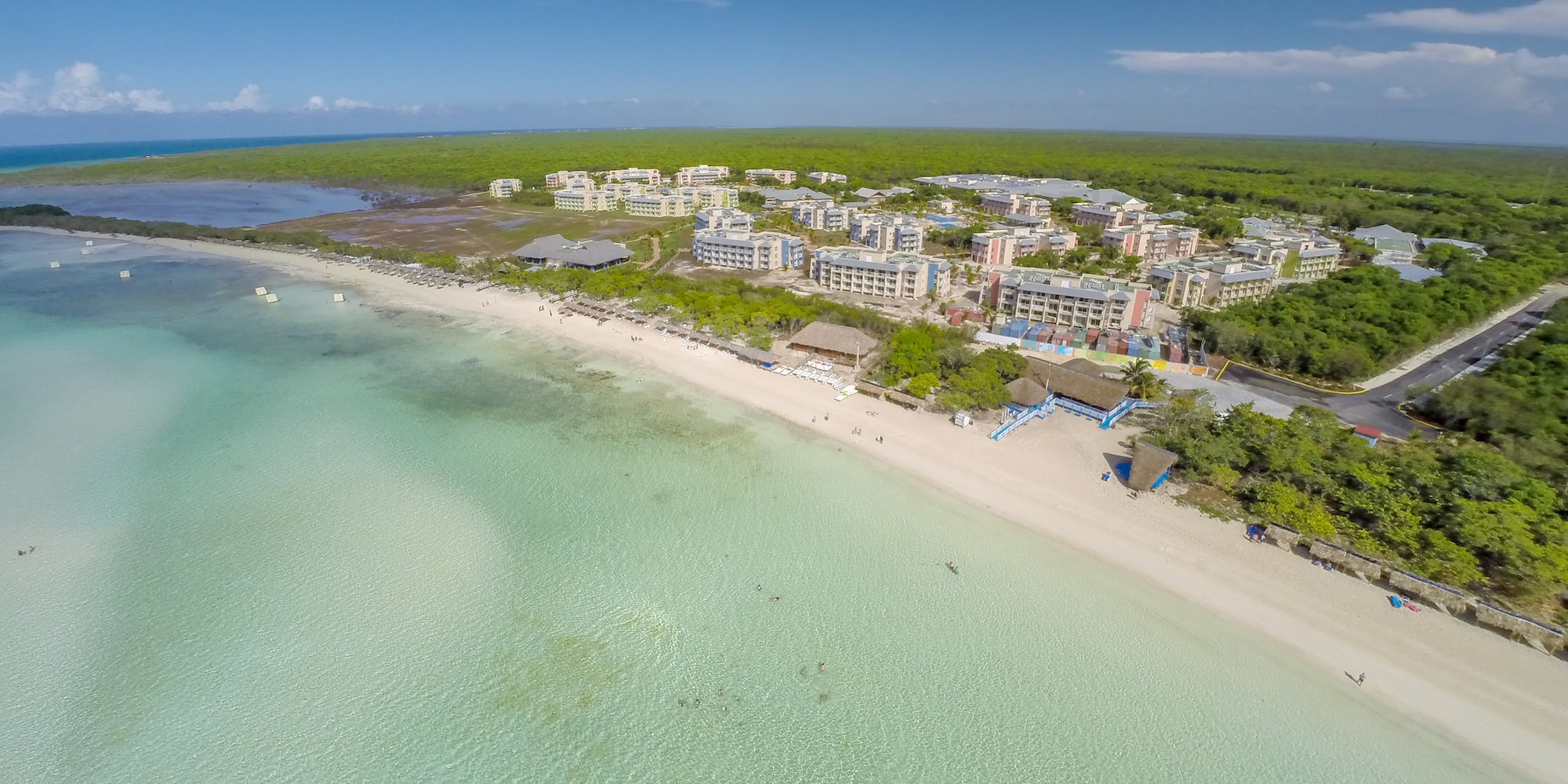 a beach with buildings and trees