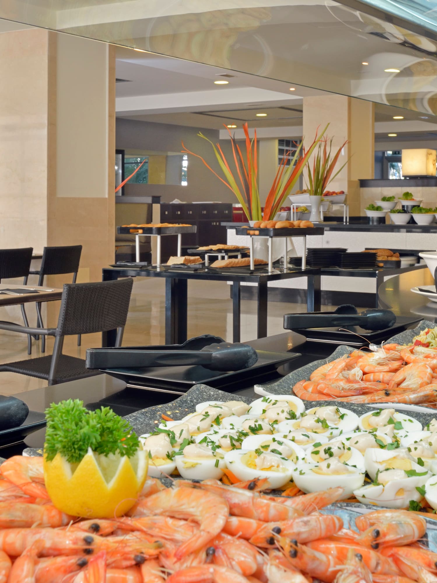 a buffet with many food on it