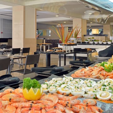 a buffet with many food on it
