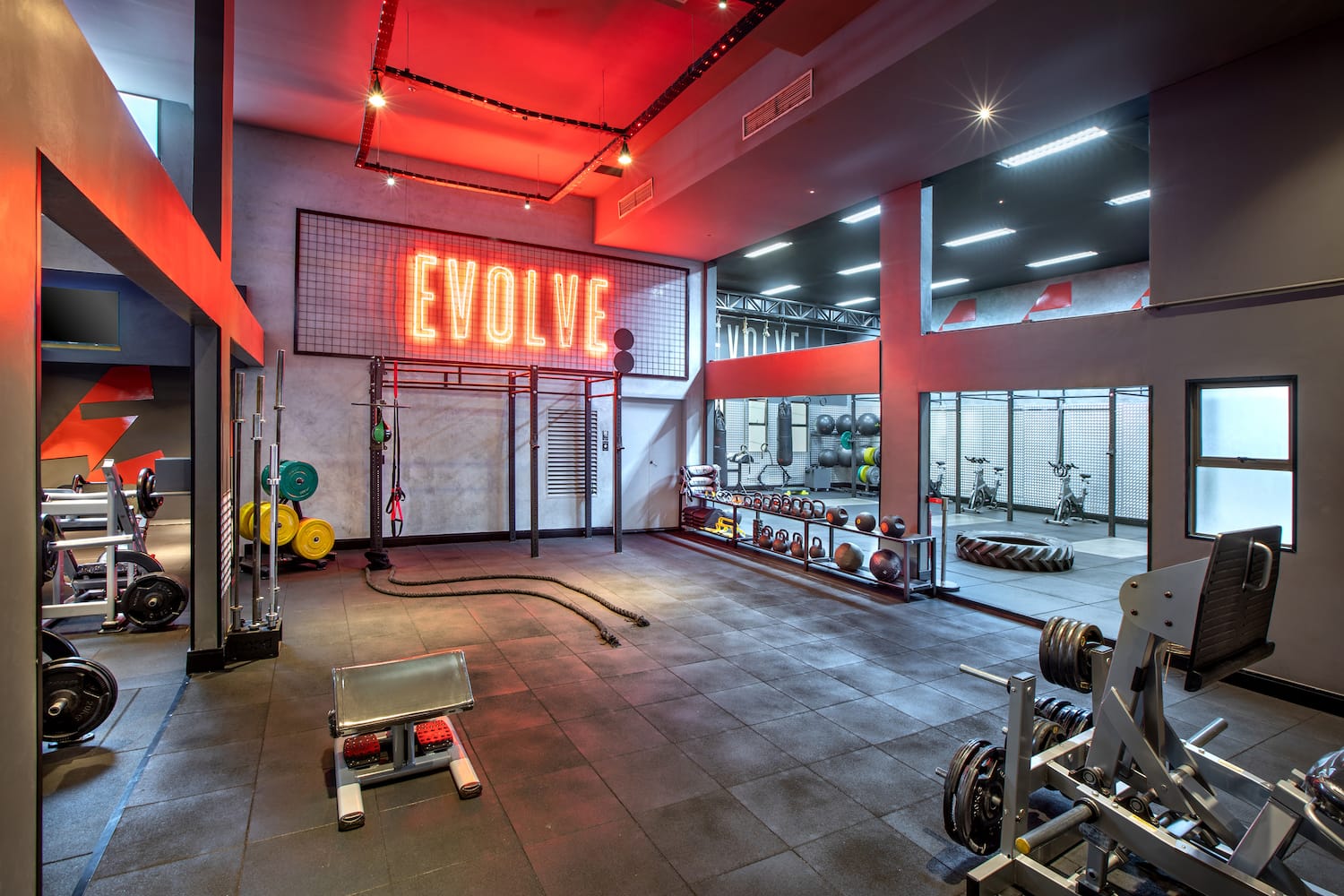 a gym with weights and equipment