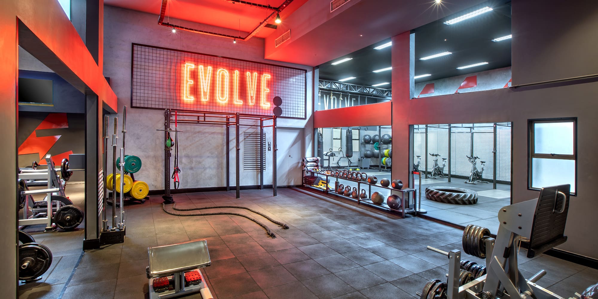 a gym with weights and equipment