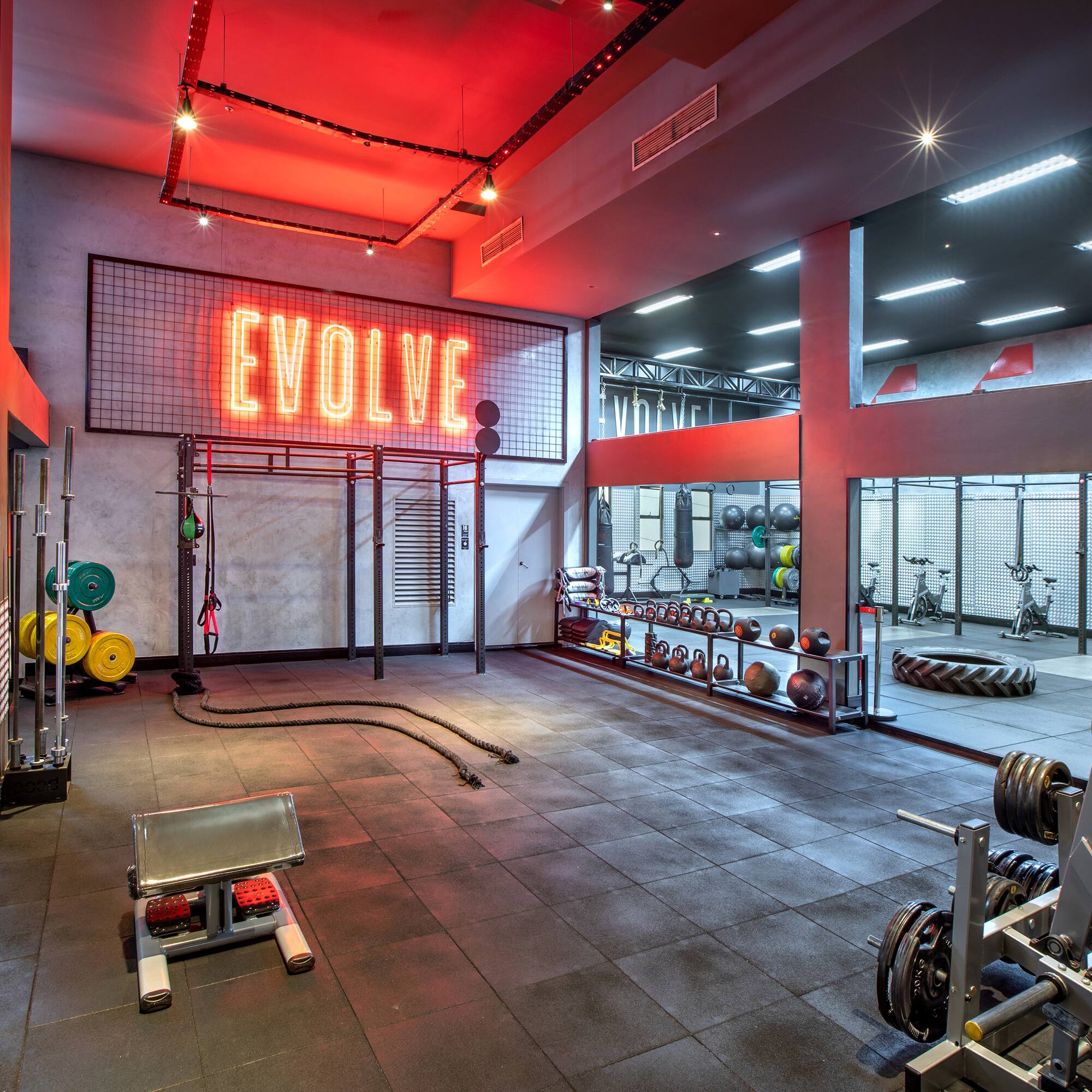 a gym with weights and equipment