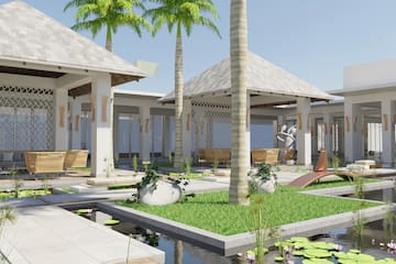 a building with a pool and palm trees