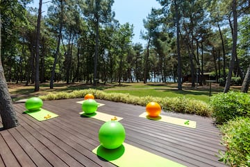 a group of yoga mats on a deck with green and orange balls
