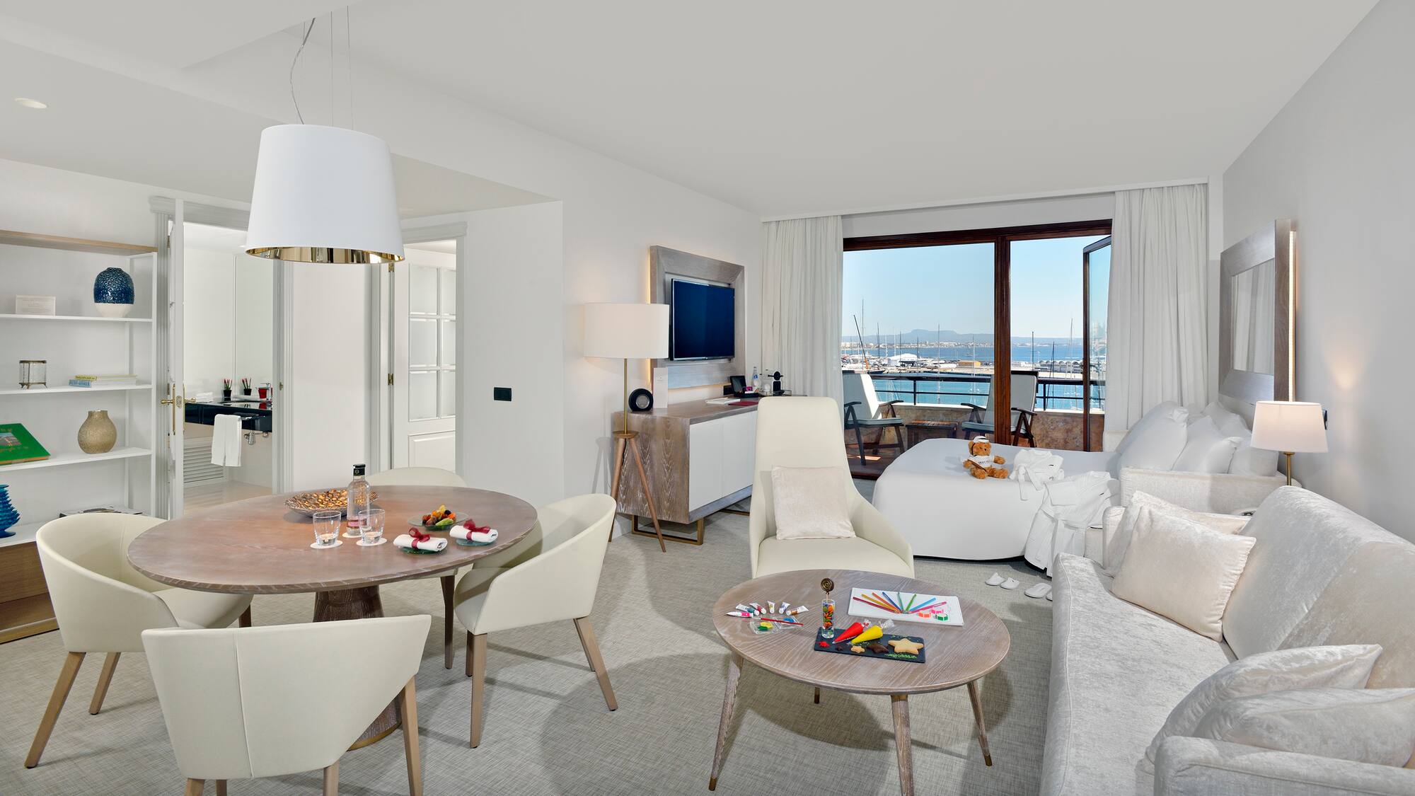 a room with a television and a table