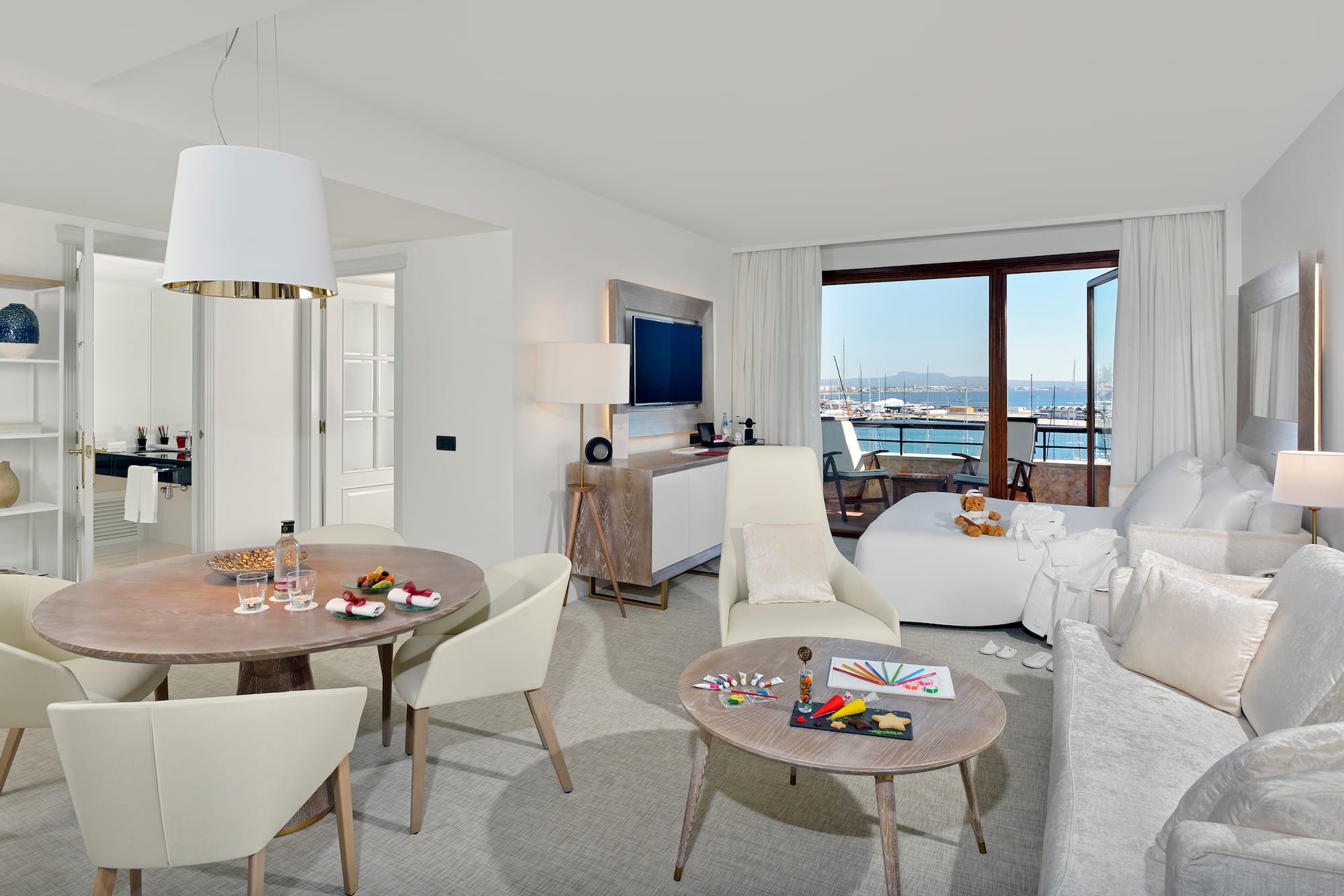 a room with a television and a table