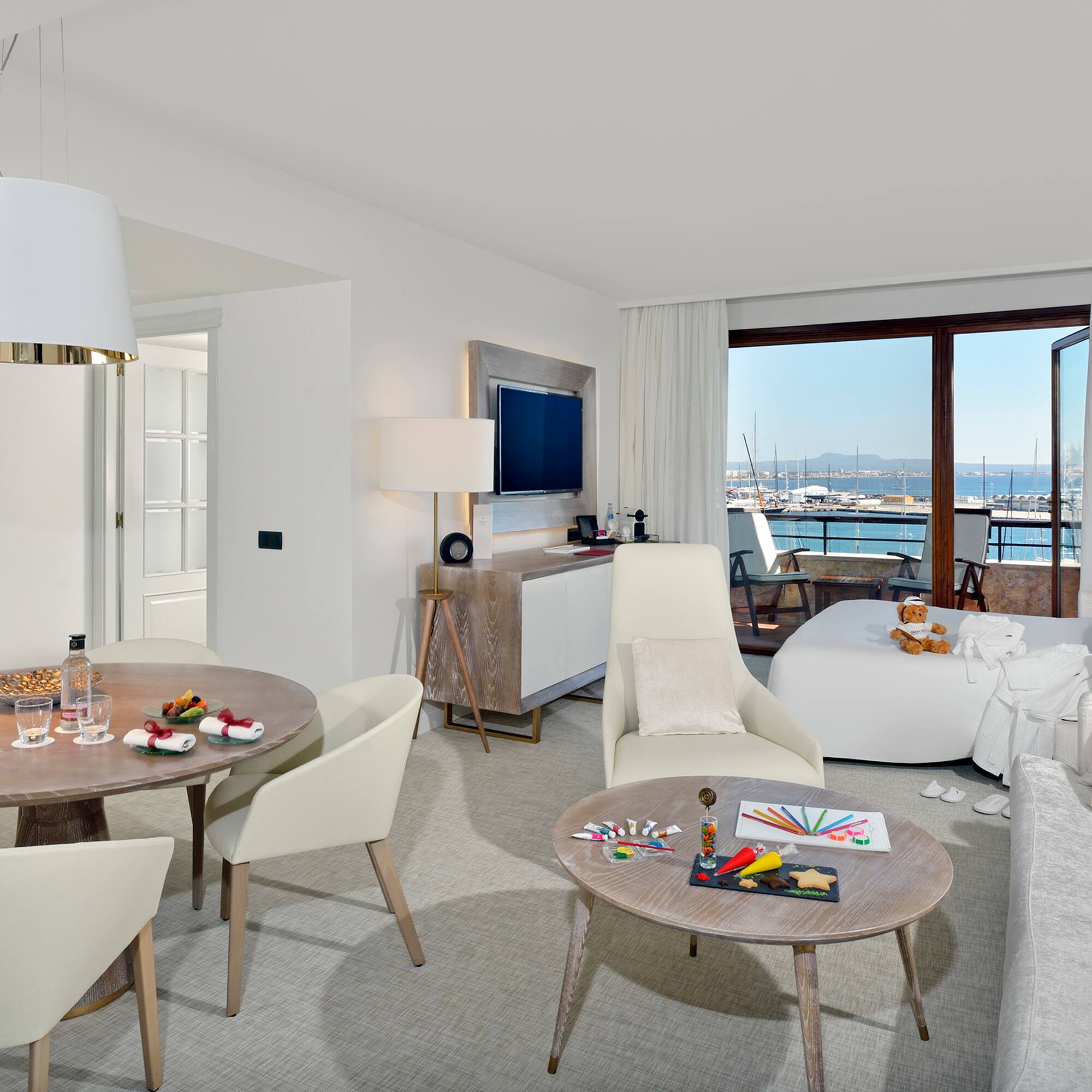 a room with a television and a table