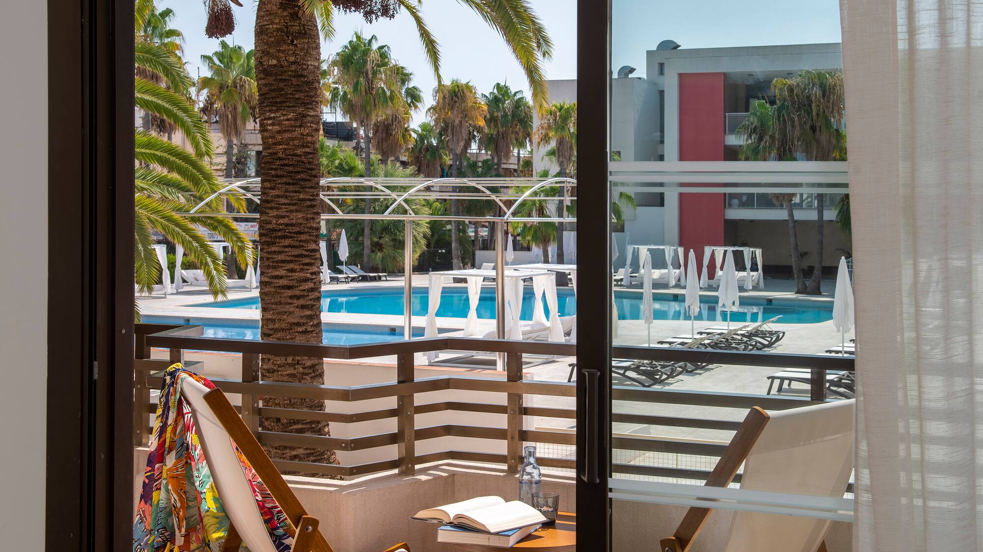 a pool outside a room