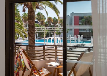 a pool outside a room