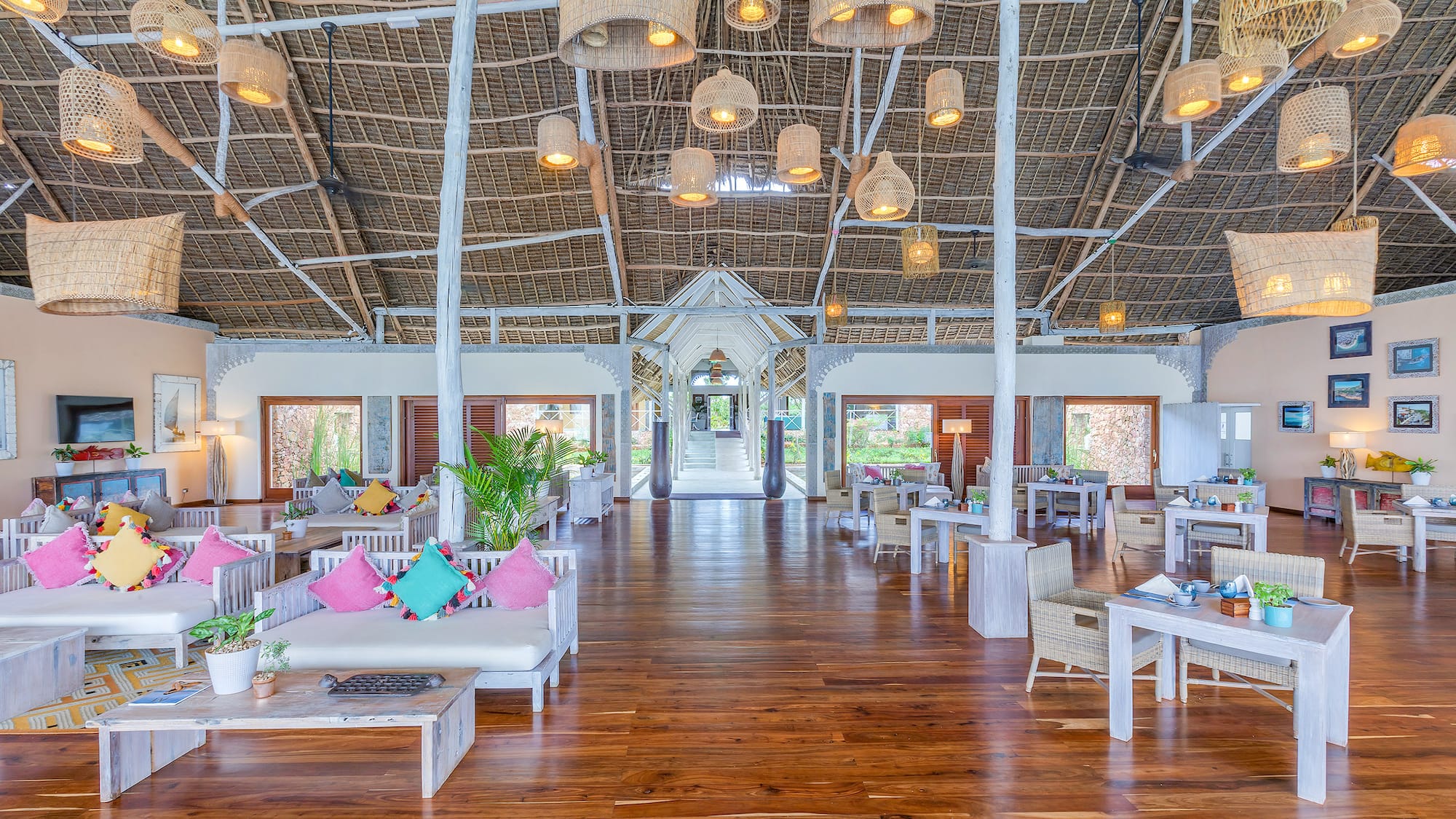 a room with tables and chairs